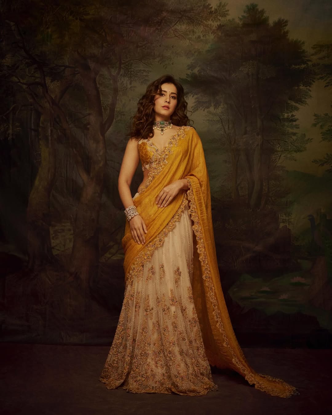 Rashi Khanna yellow saree curly hairstyle