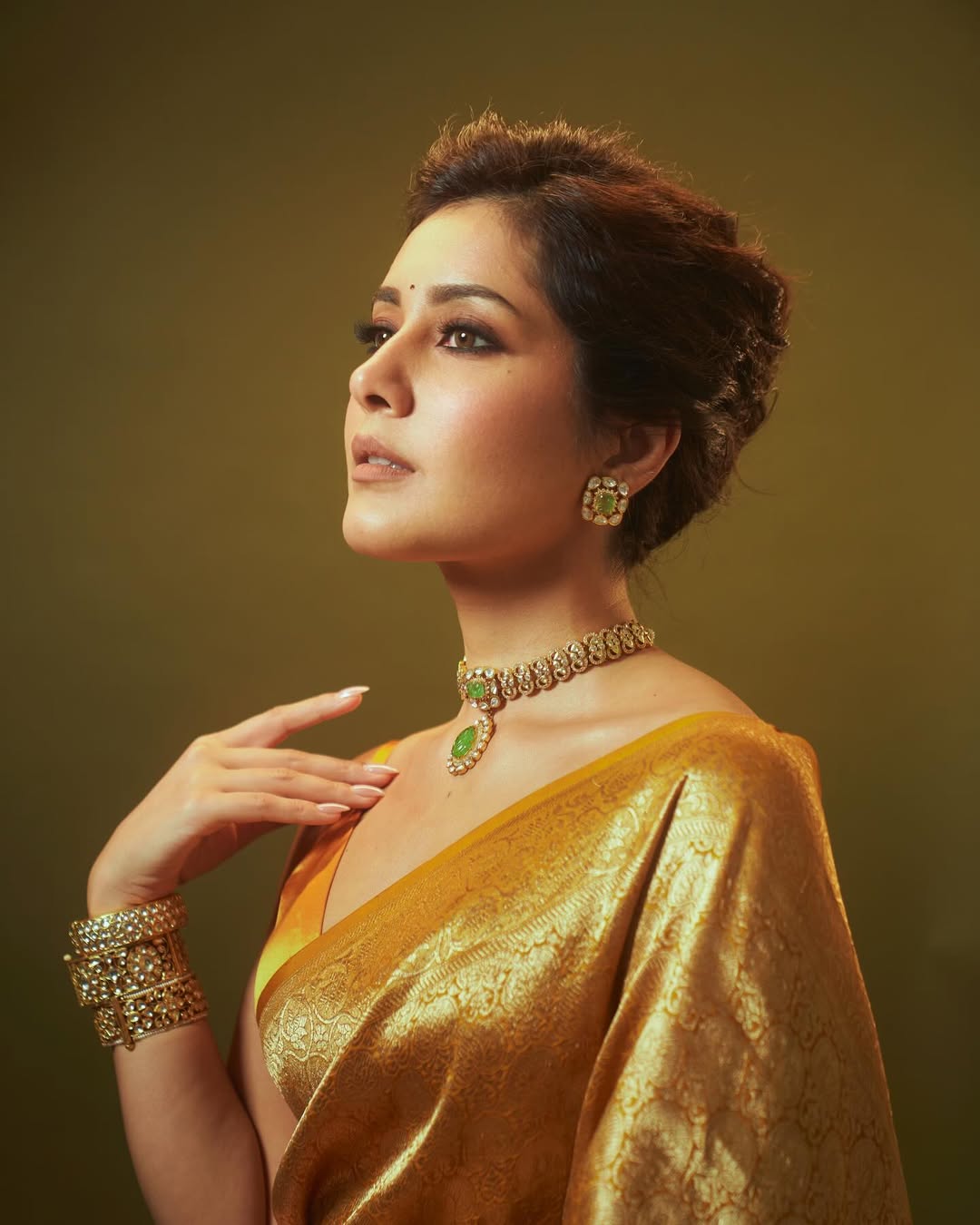 Rashi Khanna in yellow saree golden silk