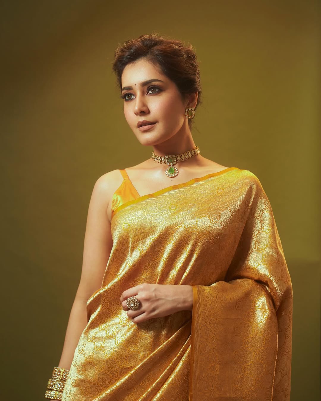 Rashi Khanna in yellow saree tabby silk