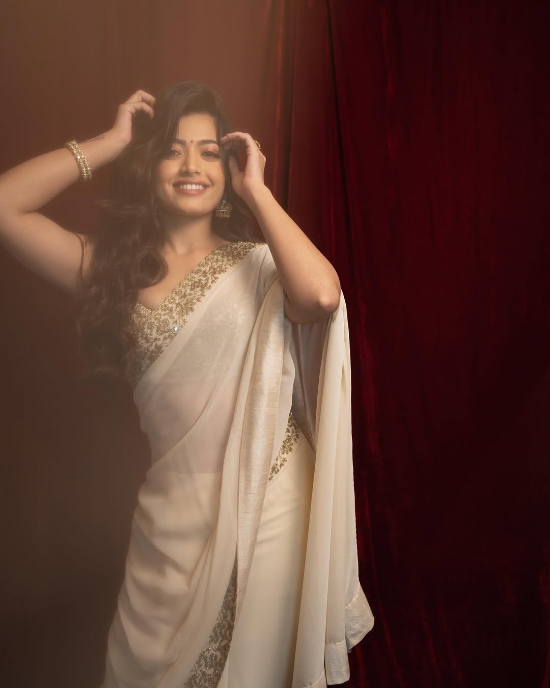 Rashmika Mandanna in cream saree carried with elegance