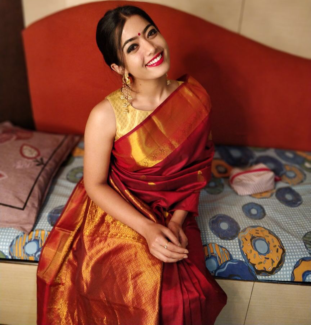 Rashmika Mandanna in silk saree in red banarasi saree 